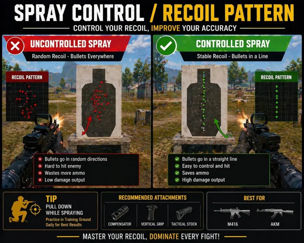 BGMI spray control recoil pattern comparisoncontrolled vs uncontrolled
