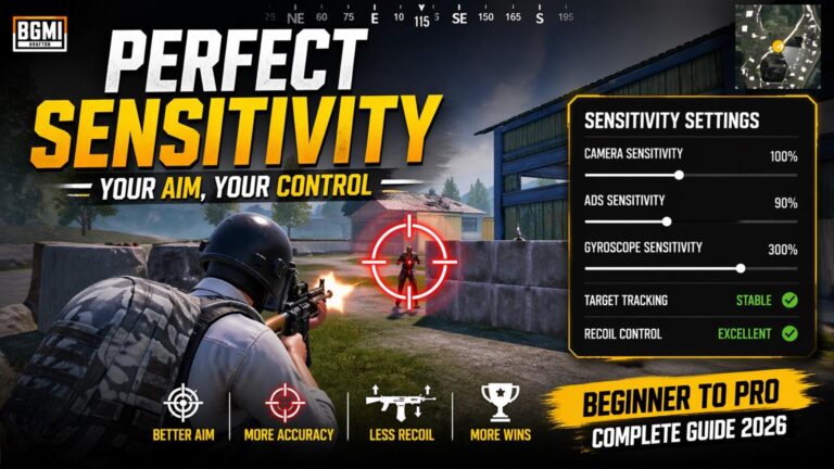 BGMI sensitivity settings guide showing aim control and crosshair placement in gameplay