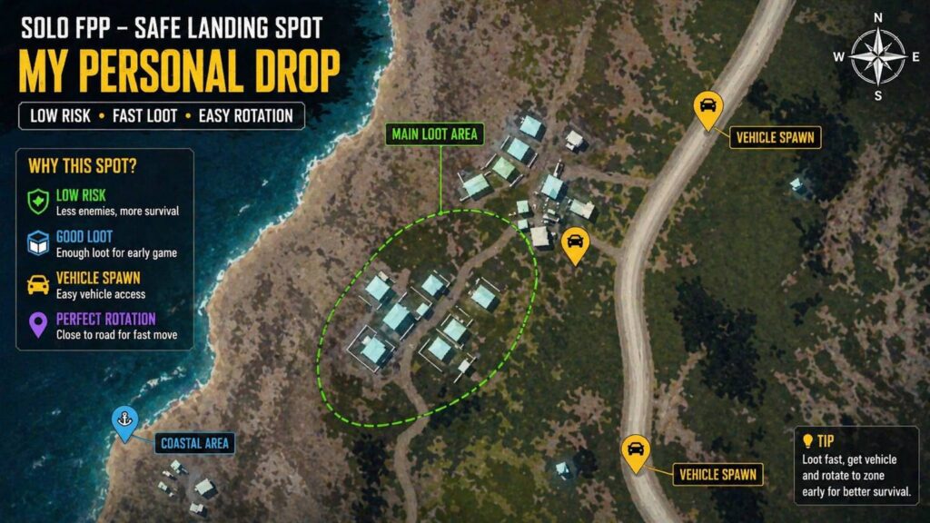 BGMI solo FPP safe landing spot with vehicle spawn and coastal rotation strategy