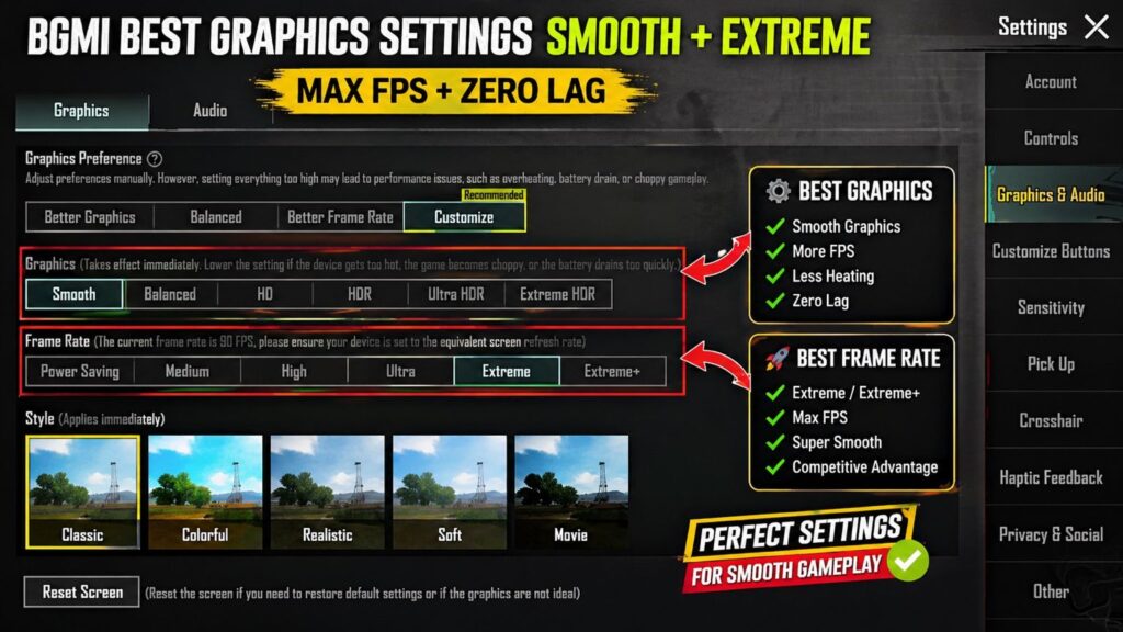 BGMI best graphics settings smooth extreme for lag free gameplay 2026