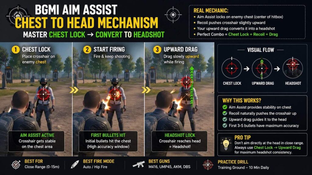 BGMI aim assist chest to head mechanism showing how to convert chest aim into headshot using upward drag