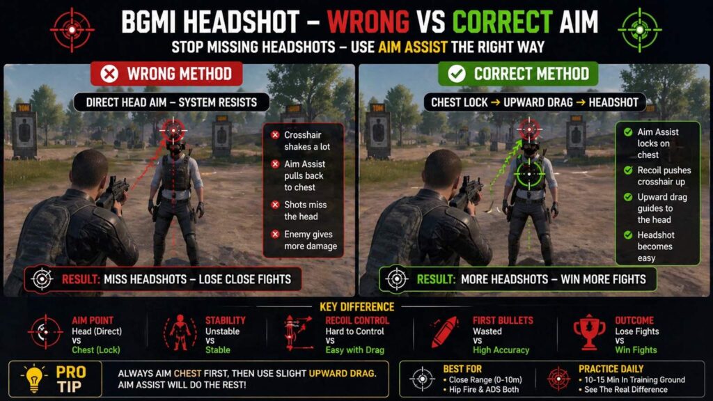 BGMI wrong vs correct aim comparison showing direct head aim mistake vs chest to head technique BGMI wrong vs correct aim comparison showing direct head aim mistake vs chest to head technique